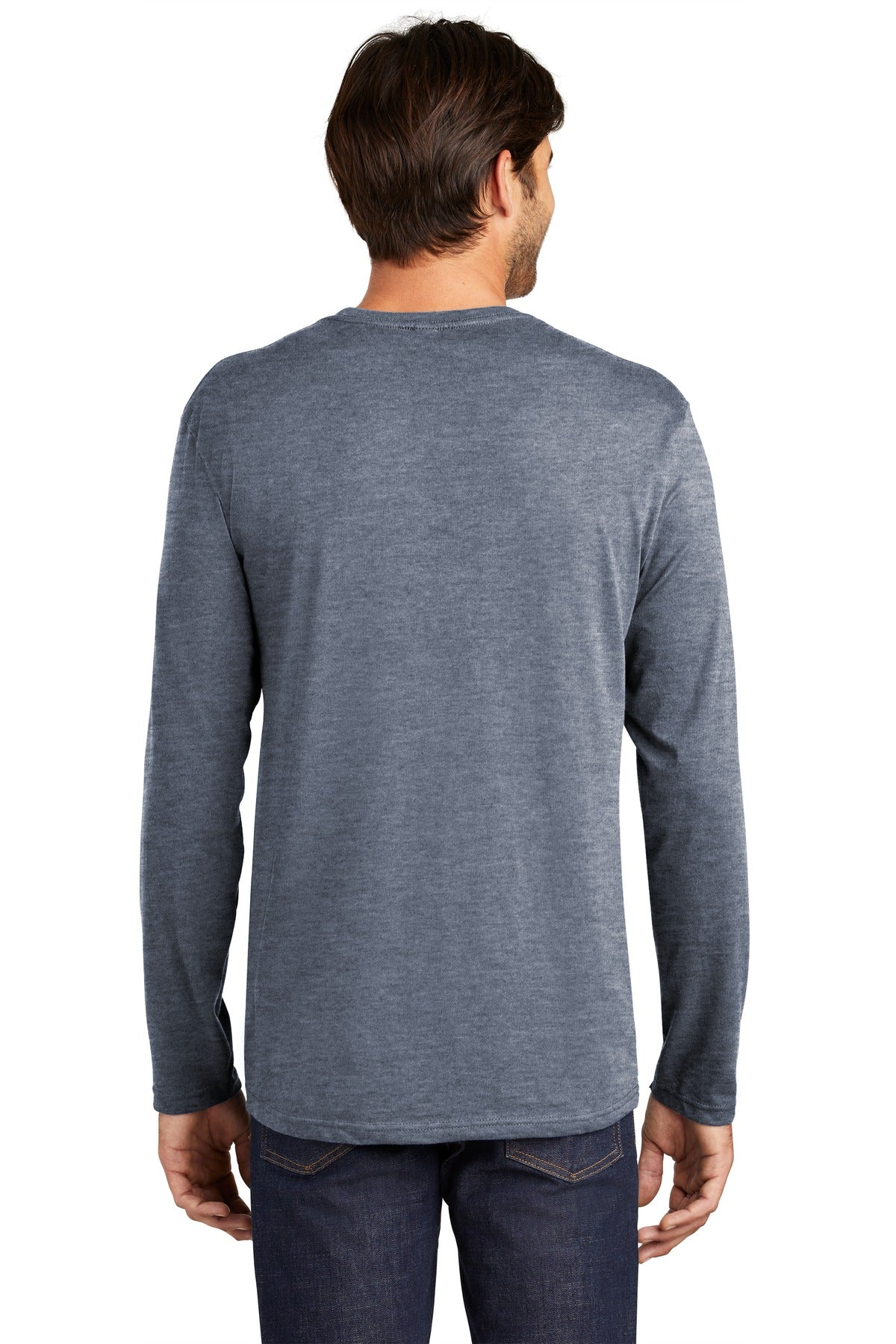 Rear View of Heathered Navy District Perfect Weight Long Sleeve Tee. DT105 plain