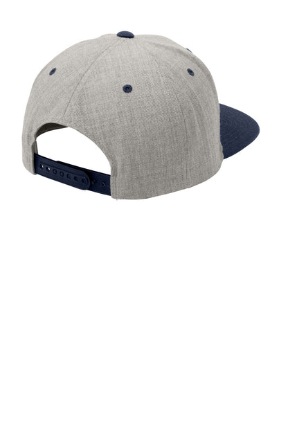 Rear View of Heather/Tr Nvy Sport-Tek YP Classics Flat Bill Snapback Cap. STC19 plain