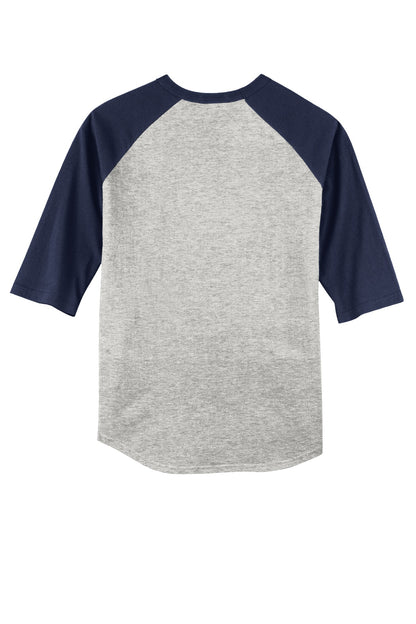 Rear View of Heathr/Gry/Nvy Sport-Tek Colorblock Raglan Jersey. T200 plain