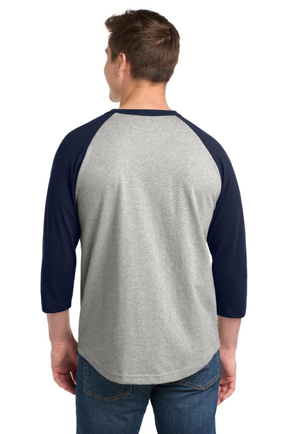 Rear View of Heathr/Gry/Nvy Sport-Tek Colorblock Raglan Jersey. T200 plain
