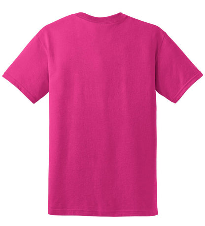 Rear View of Heliconia Gildan DryBlend 50 Cotton/50 Poly T-Shirt. 8000 plain