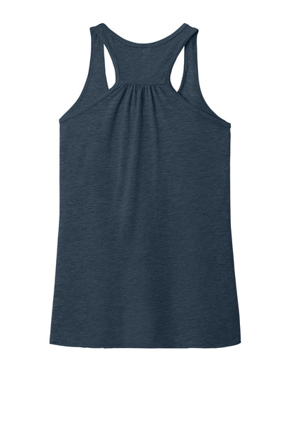 Rear View of Ht Navy BELLA+CANVAS Women's Flowy Racerback Tank. BC8800 plain
