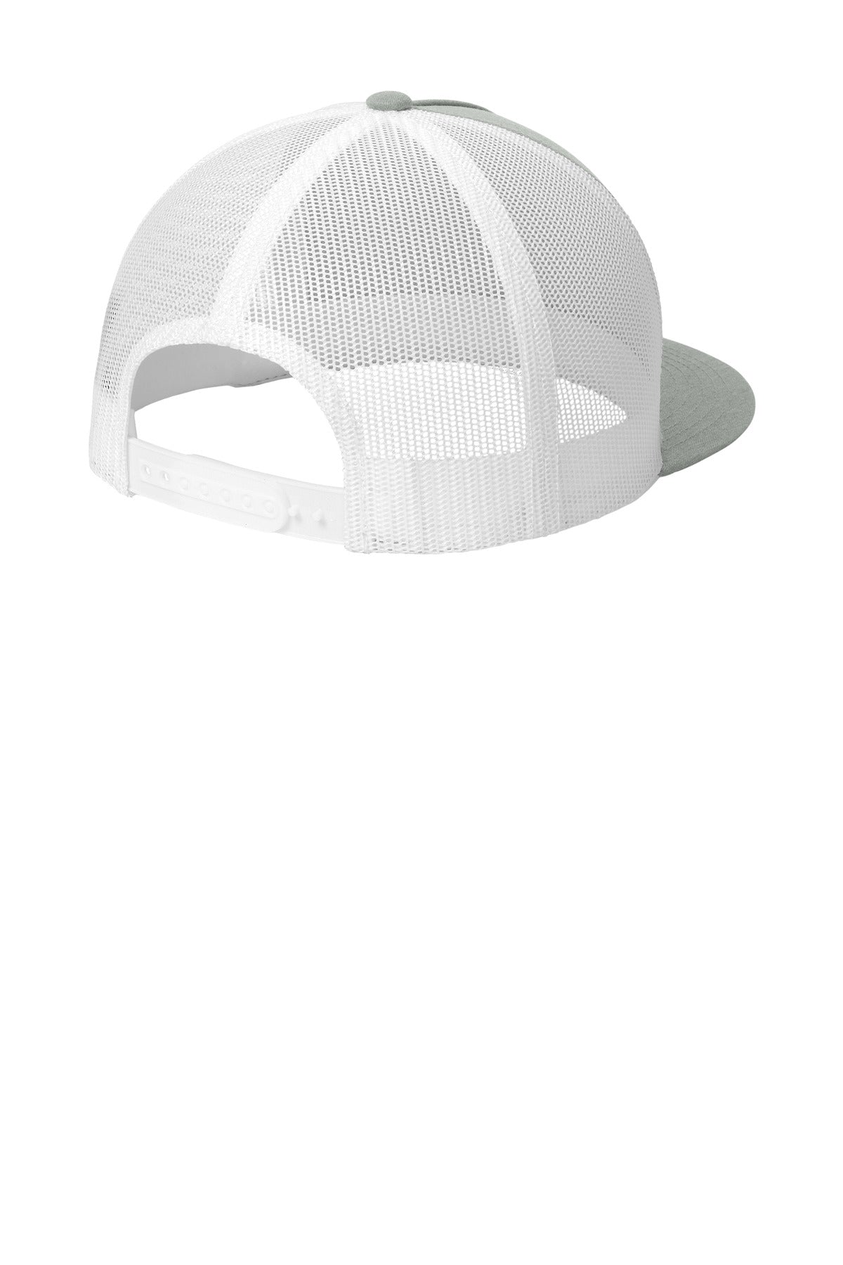 Rear View of HtGy/White Sport-Tek YP Classics 5-Panel Classic Trucker Mesh Back Cap. STC38 plain