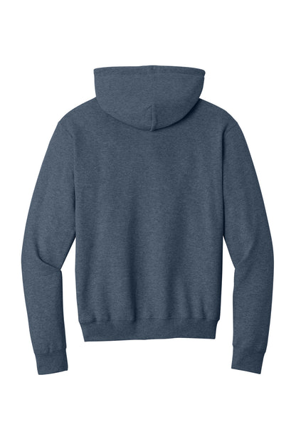 Rear View of Hthr Navy Port & Co Core Fleece Pullover Hooded Sweatshirt. PC78H plain