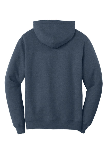 Rear View of Hthr Navy Port & Co Core Fleece Pullover Hooded Sweatshirt. PC78H