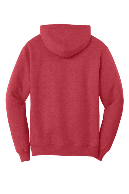Rear View of Hthr Red Port & Co Core Fleece Pullover Hooded Sweatshirt. PC78H