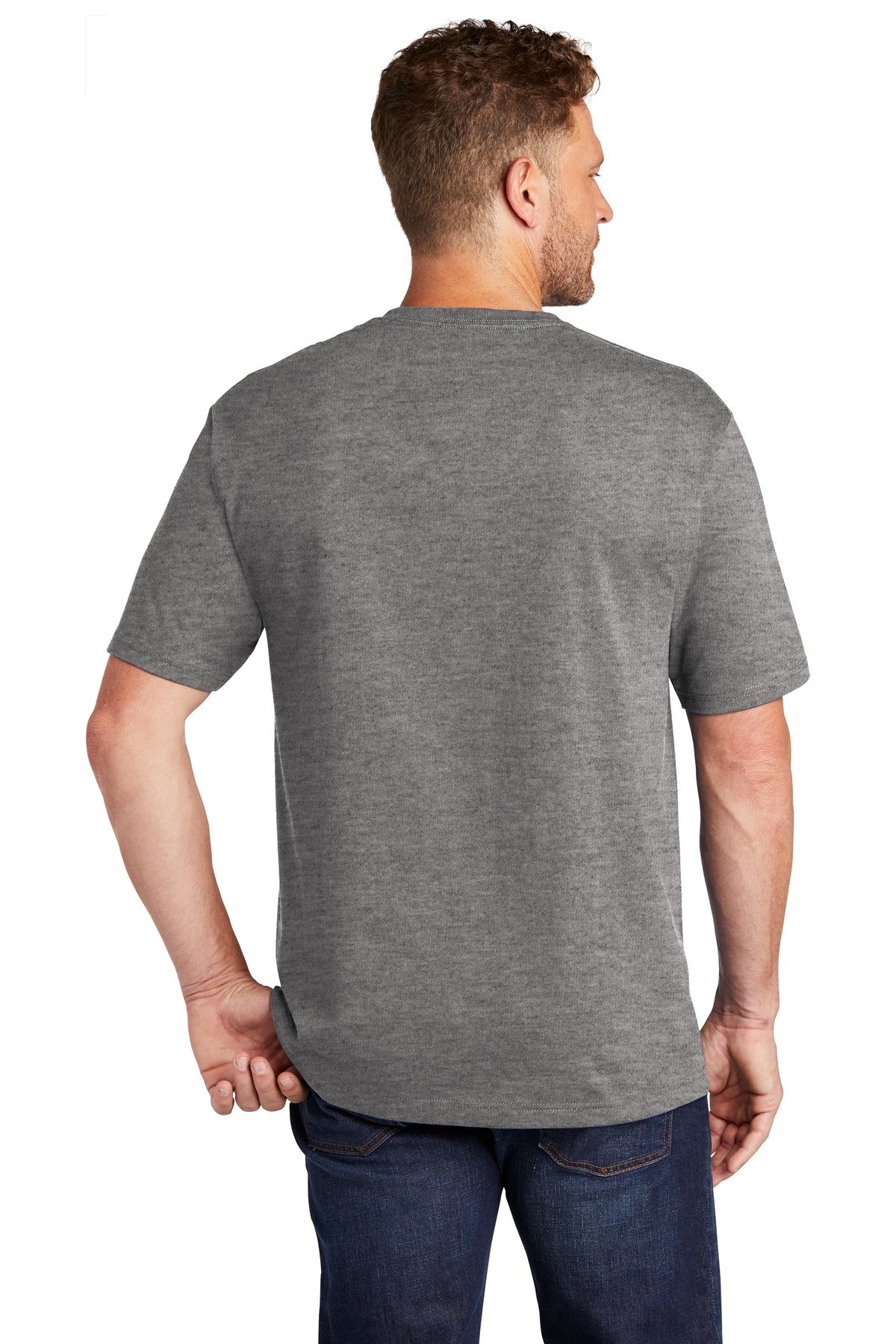 Rear View of Hthrd Charcoal CornerStone Workwear Pocket Tee CS430 plain
