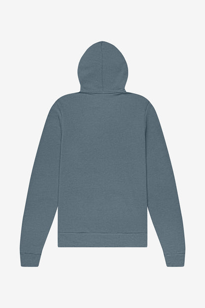 Rear View of HthrSlate BELLA+CANVAS Unisex Sponge Fleece Full-Zip Hoodie. BC3739