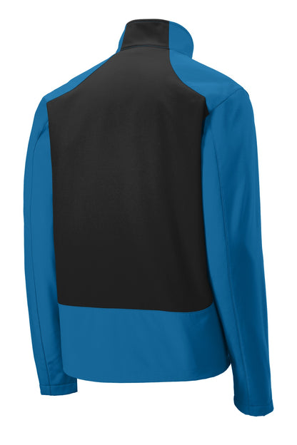 Rear View of Imperial Bl/Bk Port Authority Back-Block Soft Shell Jacket. J336 plain