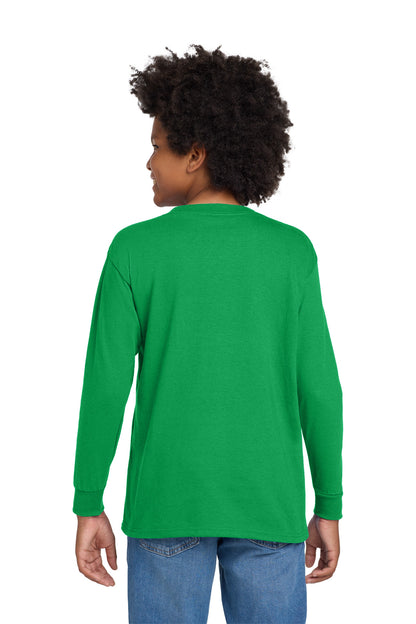 Rear View of IrishGreen Gildan Youth Heavy Cotton 100% Cotton Long Sleeve T-Shirt. 5400B plain