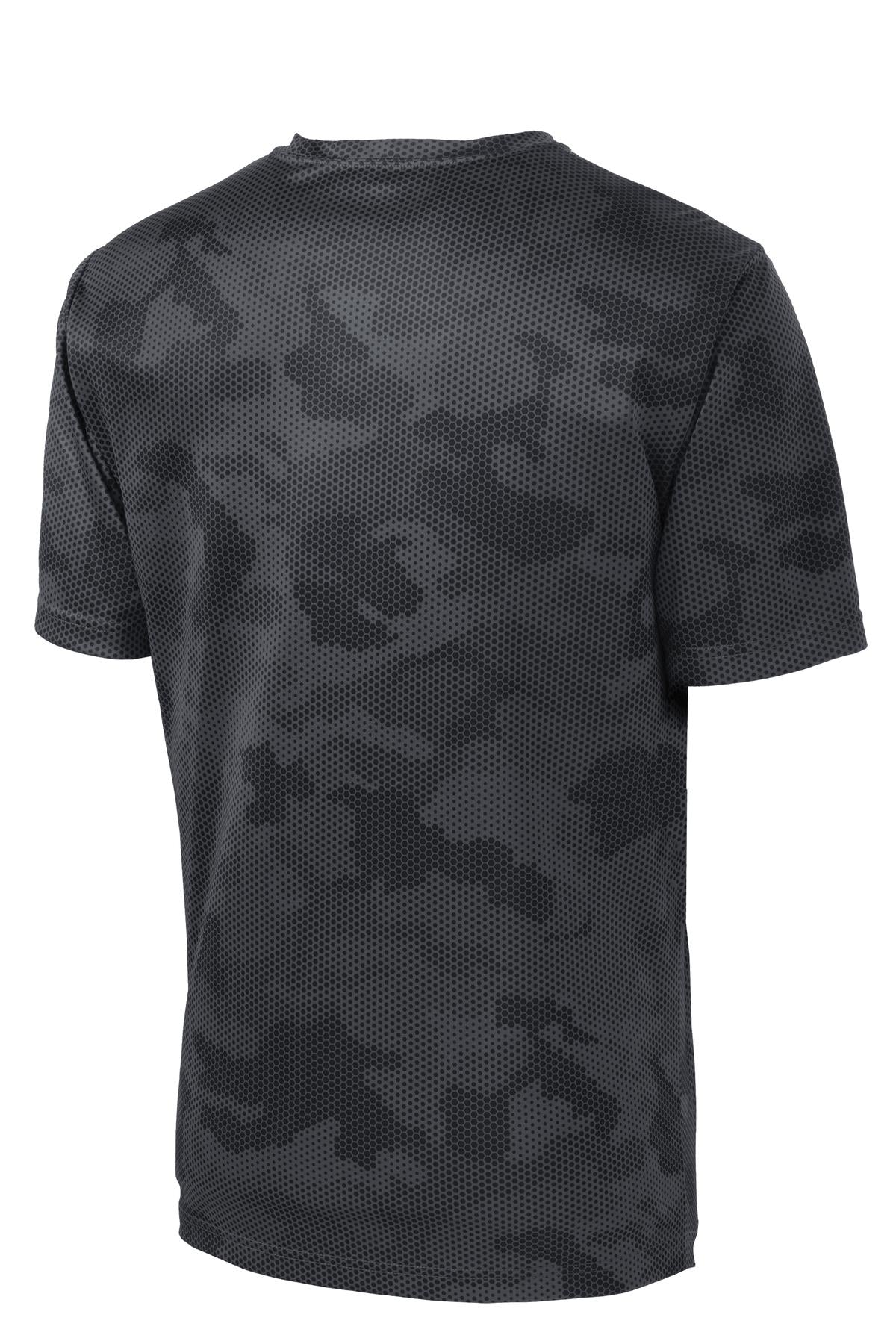 Rear View of Iron Grey Sport-Tek CamoHex Tee. ST370 plain