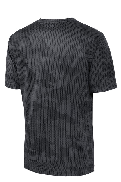 Rear View of Iron Grey Sport-Tek CamoHex Tee. ST370 plain