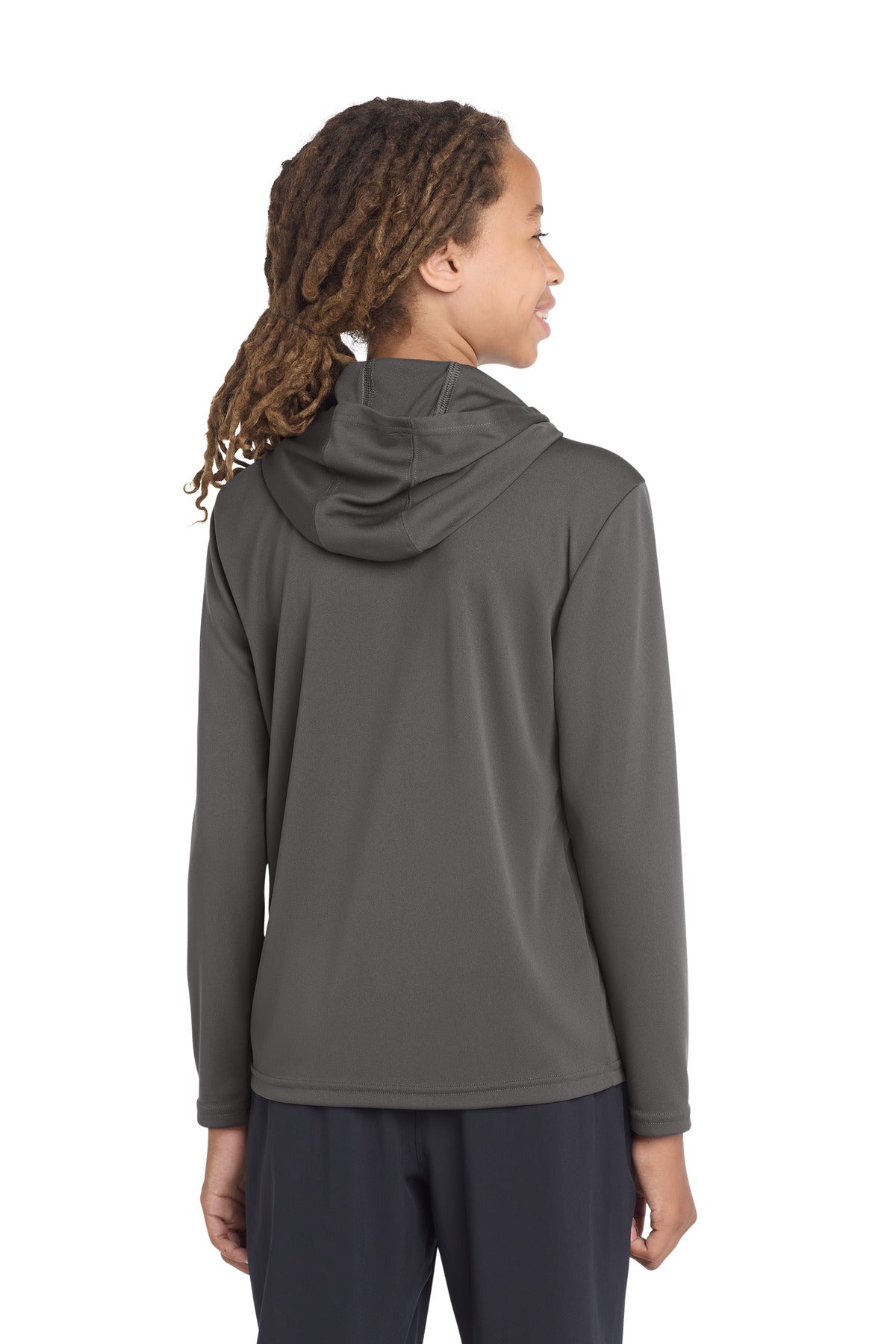 Rear View of Iron Grey Sport-Tek Youth PosiCharge Competitor Hooded Pullover. YST358 plain