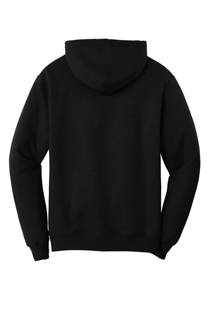 Rear View of Jet Black Port & Co Core Fleece Pullover Hooded Sweatshirt. PC78H