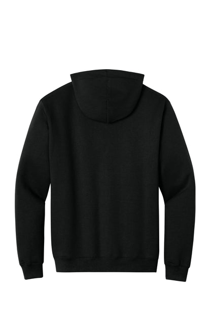 Rear View of Jet Black Port & Co Tall Essential Fleece Pullover Hooded Sweatshirt. PC90HT plain