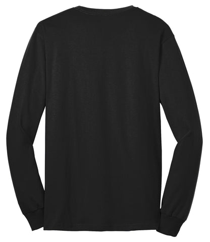 Rear View of Jet Black Port & Co Tall Long Sleeve Core Blend Tee. PC55LST plain