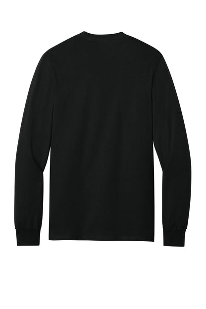 Rear View of Jet Black Port & Co Tall Long Sleeve Essential Pocket Tee. PC61LSPT plain