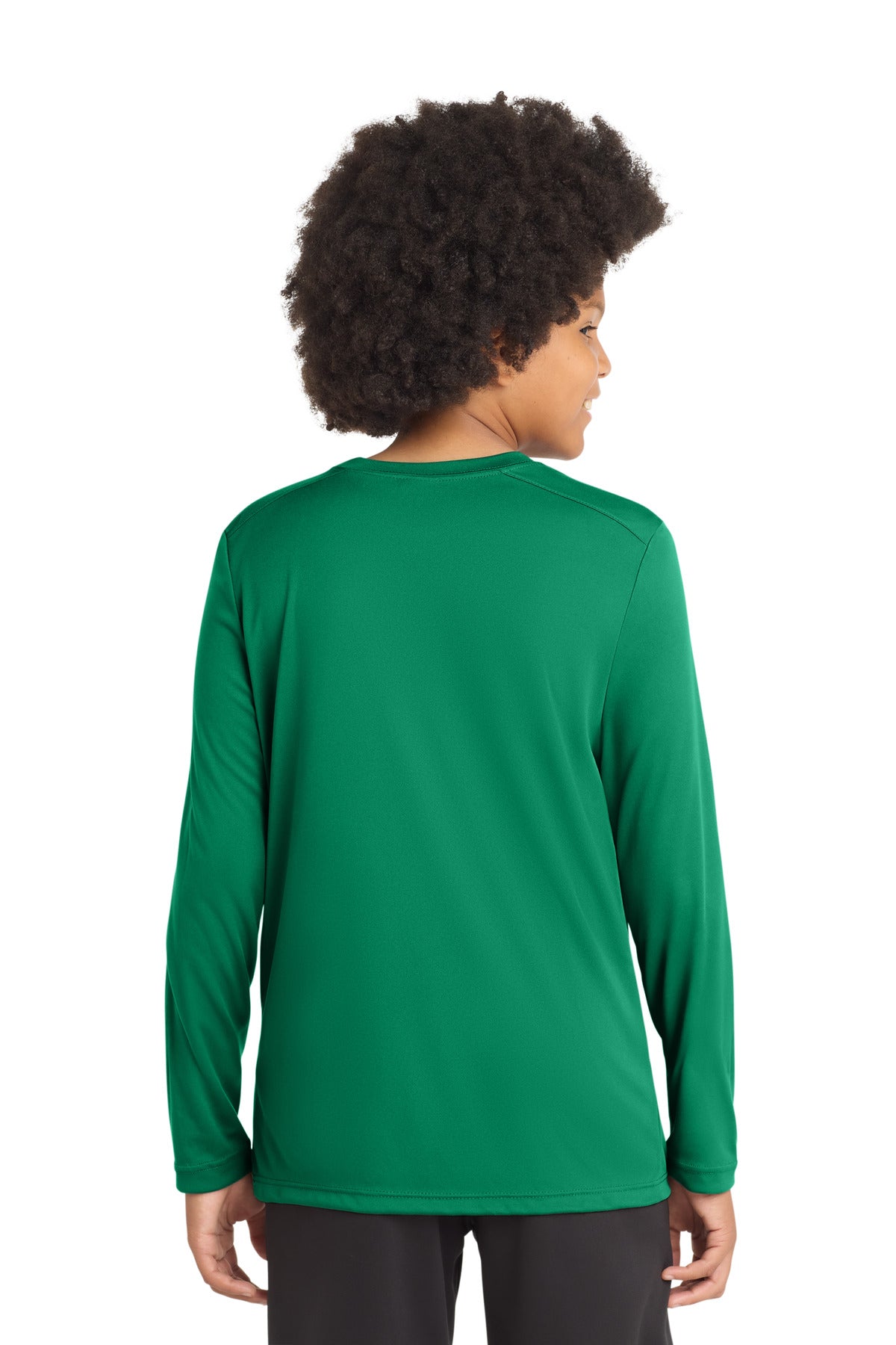 Rear View of Kelly Green Sport-Tek Youth Posi-UV Pro Long Sleeve Tee. YST420LS plain