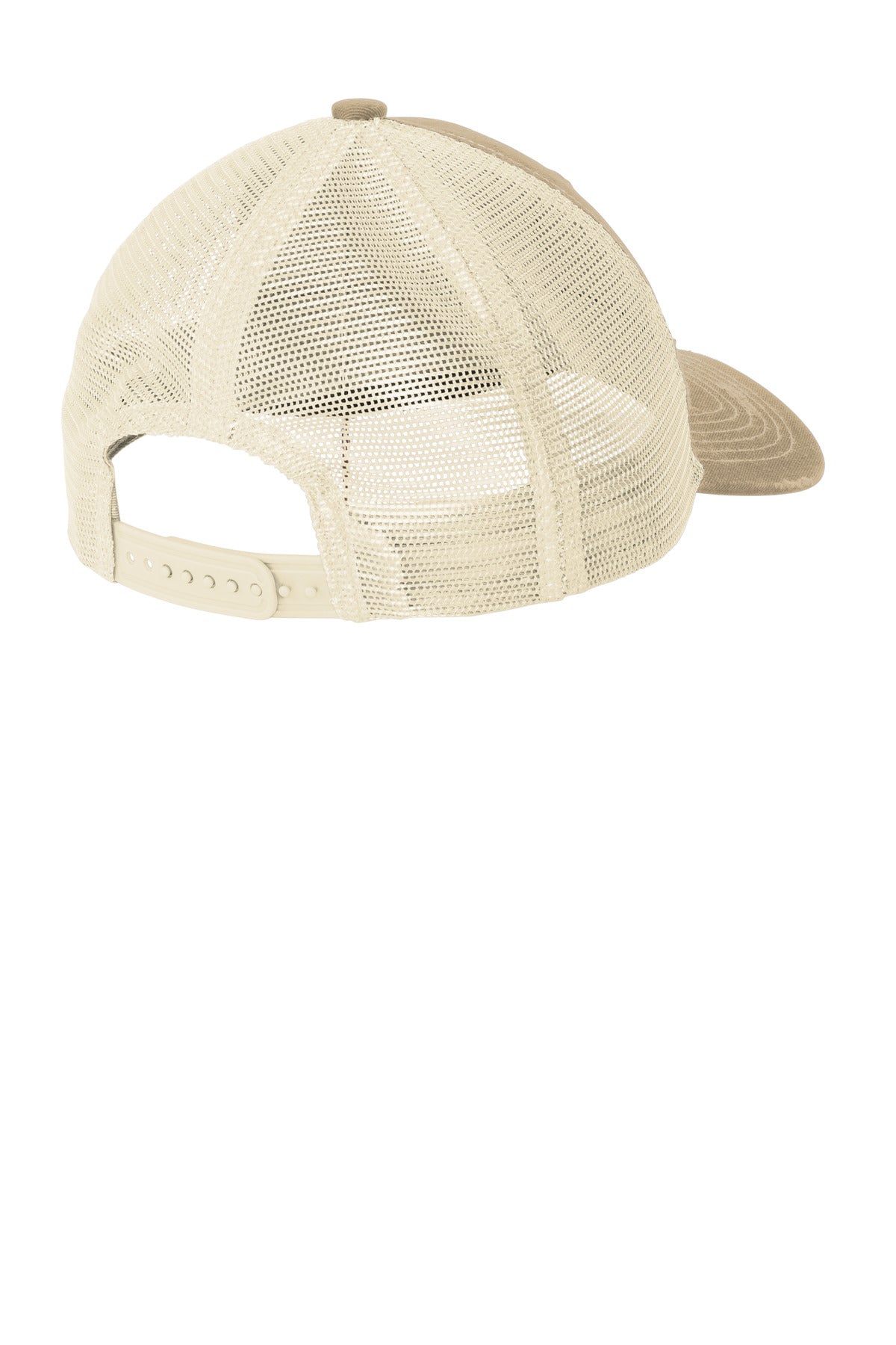 Rear View of Khaki/Stn Port Authority Distressed Mesh Back Cap C600 plain