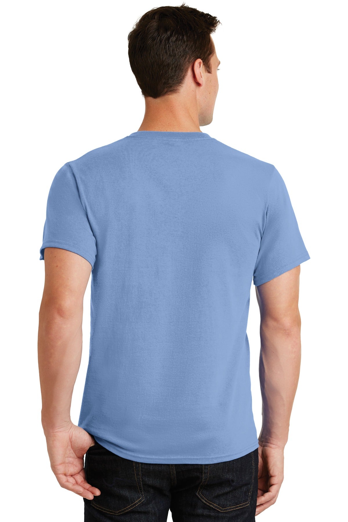 Rear View of Light Blue Port & Co Essential Tee. PC61 plain