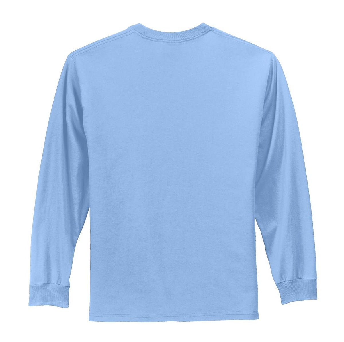 Rear View of Light Blue Port & Co Long Sleeve Essential Tee. PC61LS plain