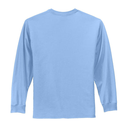 Rear View of Light Blue Port & Co Long Sleeve Essential Tee. PC61LS plain
