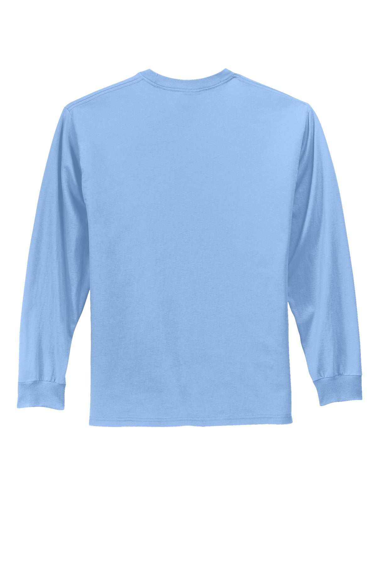 Rear View of Light Blue Port & Co Long Sleeve Essential Tee. PC61LS plain
