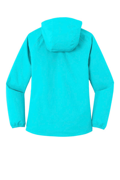 Rear View of Light Cyan Blu Port Authority Women's Essential Rain Jacket L407 plain