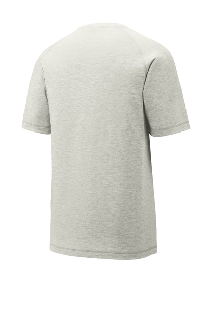 Rear View of Light Grey Hth Sport-Tek PosiCharge Tri-Blend Wicking Raglan Tee. ST400 plain
