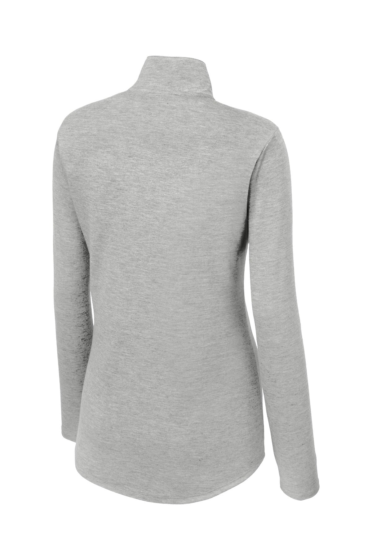 Rear View of Light Grey Hth Sport-Tek Women's PosiCharge Tri-Blend Wicking 1/4-Zip Pullover. LST407 plain