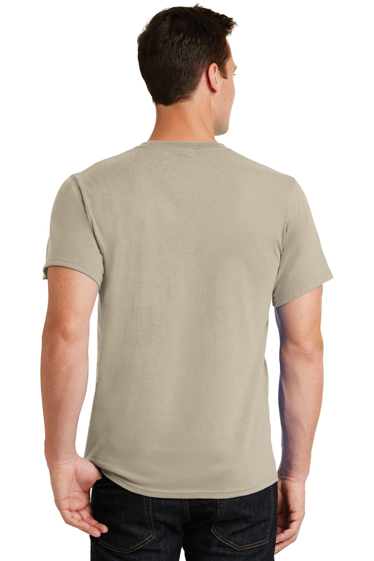 Rear View of Light Sand Port & Co Essential Tee. PC61 plain