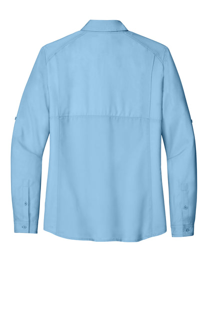 Rear View of LightBlue Port Authority Women's Long Sleeve UV Daybreak Shirt LW960