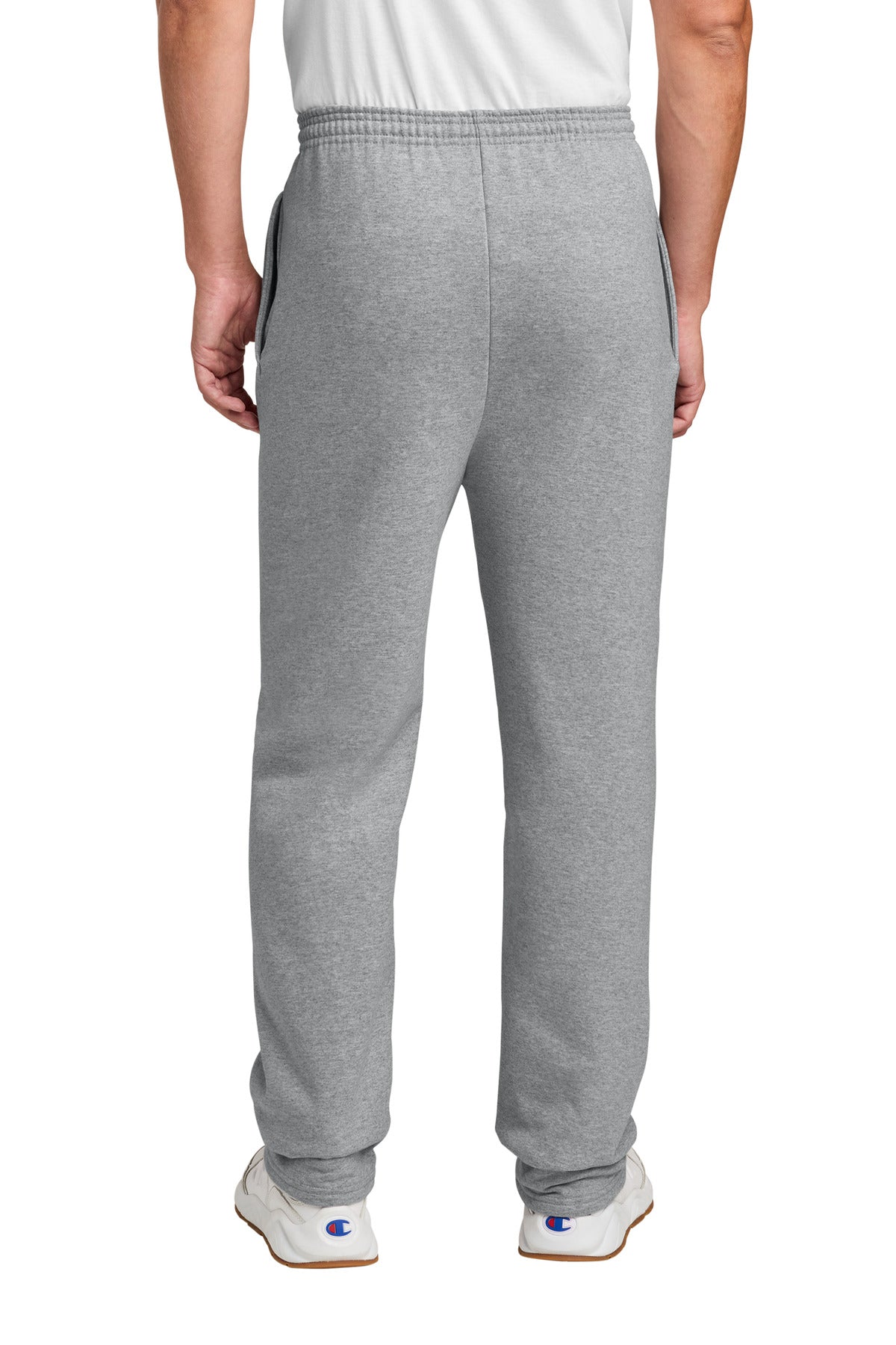 Rear View of LightSteel Champion Powerblend Open Bottom Sweatpant P800 plain