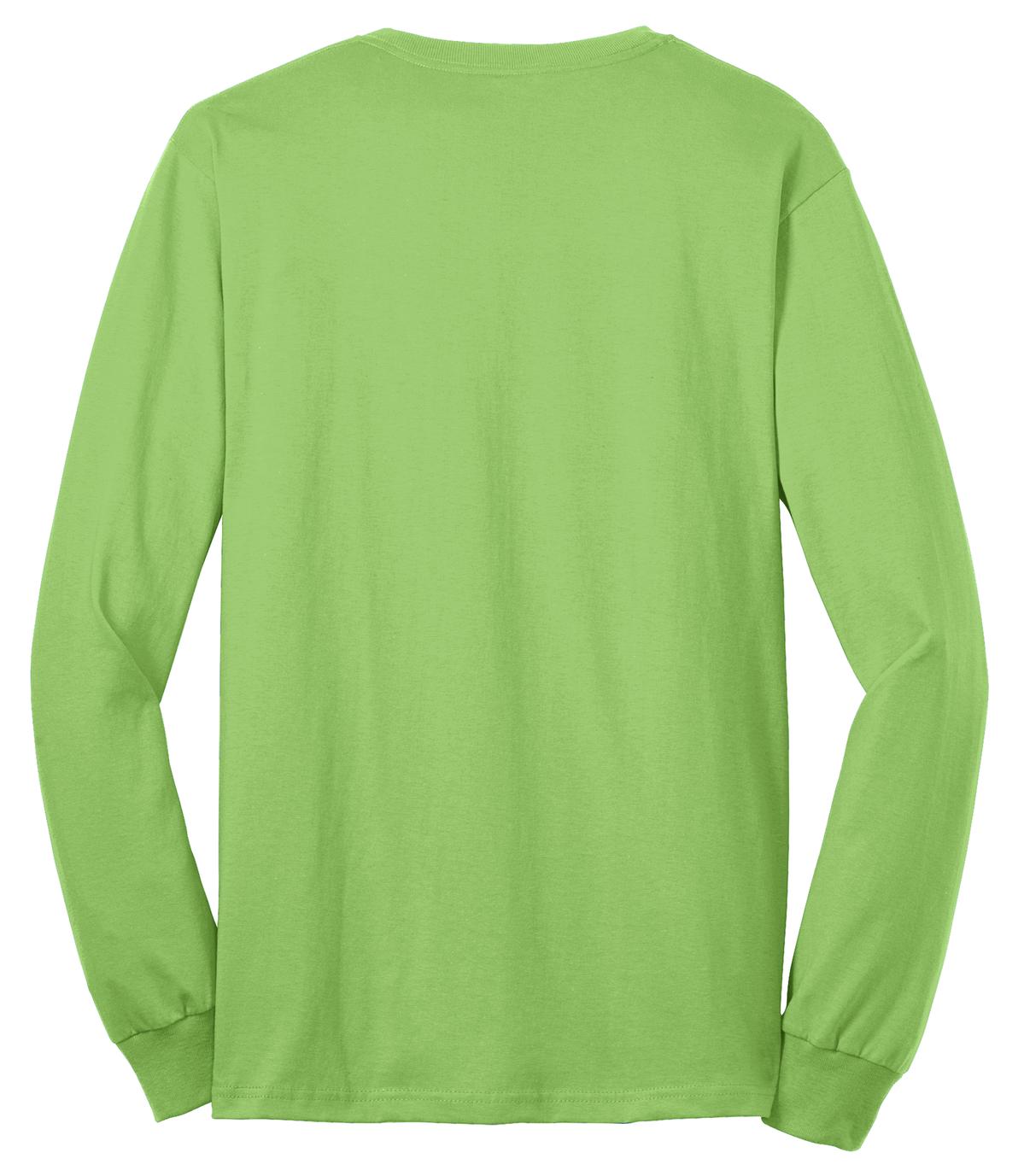 Rear View of Lime Port & Co Tall Long Sleeve Core Blend Tee. PC55LST plain