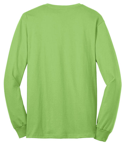 Rear View of Lime Port & Co Tall Long Sleeve Core Blend Tee. PC55LST plain