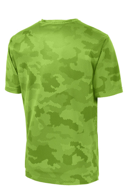 Rear View of Lime Shock Sport-Tek CamoHex Tee. ST370 plain