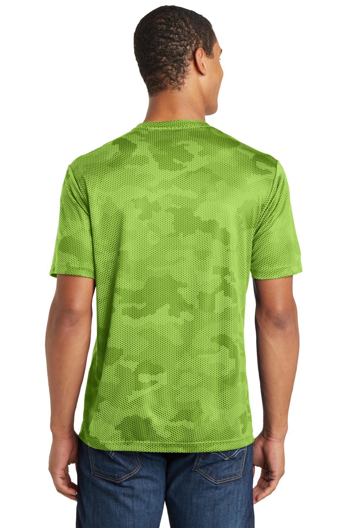 Rear View of Lime Shock Sport-Tek CamoHex Tee. ST370 plain