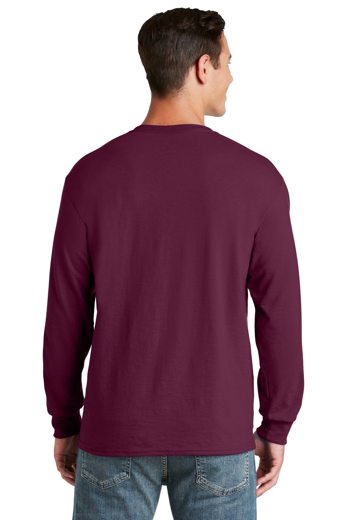 Rear View of Maroon Jerzees - Dri-Power 50/50 Cotton/Poly Long Sleeve T-Shirt. 29LS plain