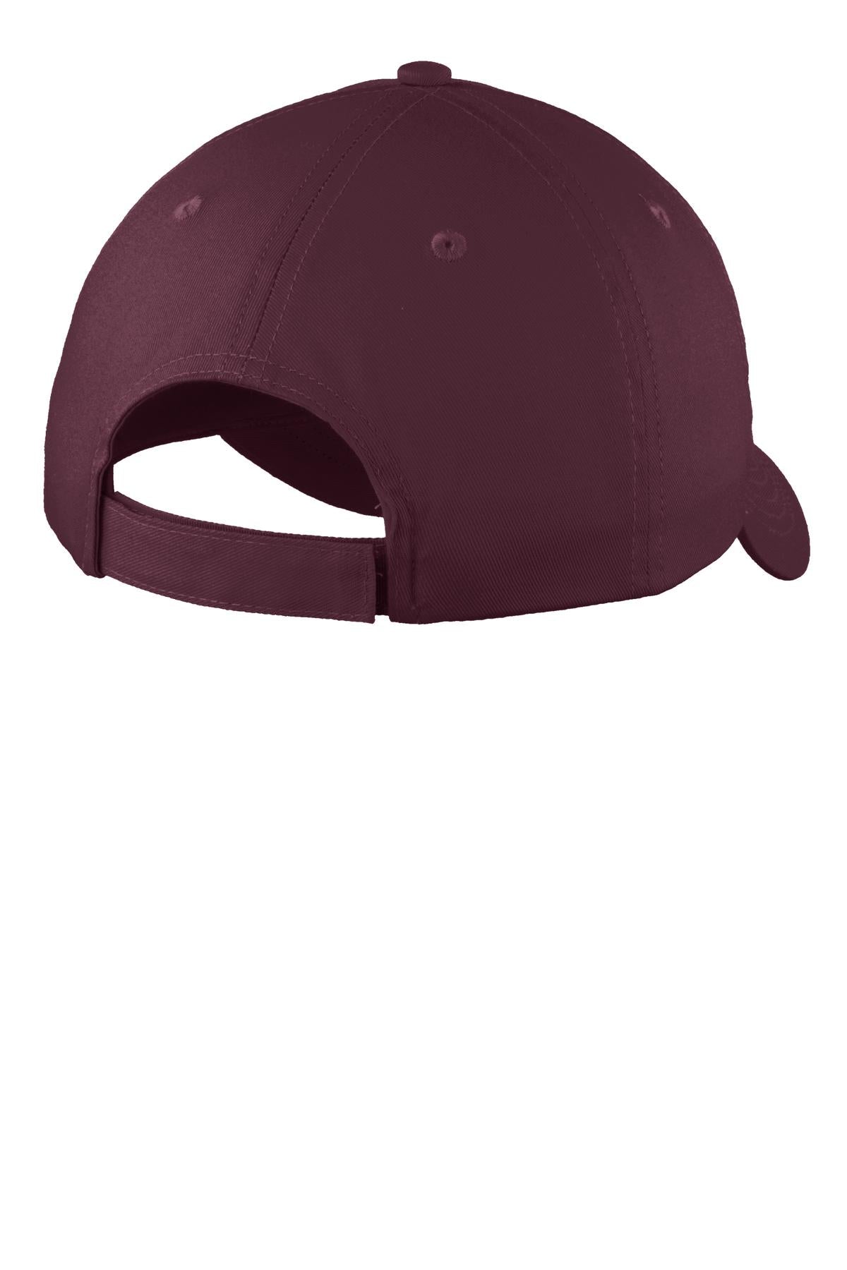 Rear View of Maroon Port Authority Six-Panel Unstructured Twill Cap. C914 plain