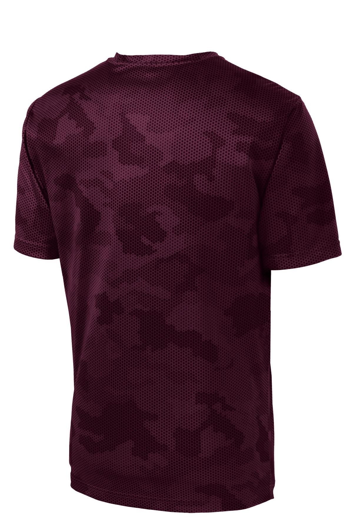 Rear View of Maroon Sport-Tek CamoHex Tee. ST370 plain