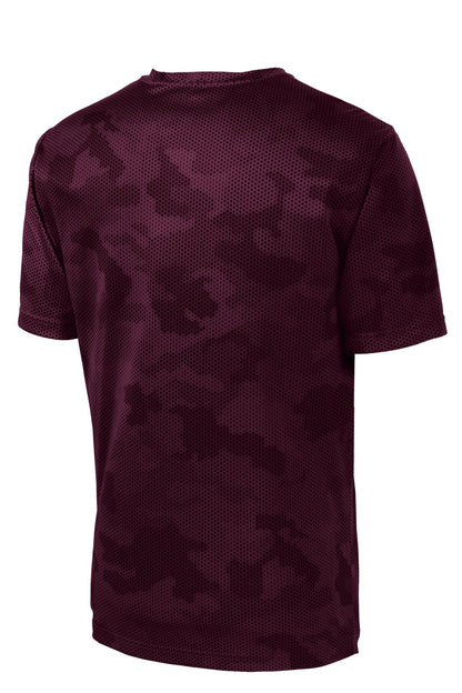 Rear View of Maroon Sport-Tek CamoHex Tee. ST370 plain