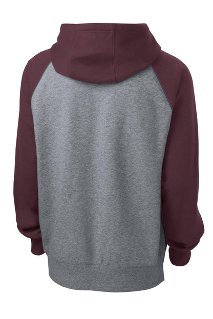 Rear View of Maroon/Vnt He Sport-Tek Raglan Colorblock Pullover Hooded Sweatshirt. ST267 plain