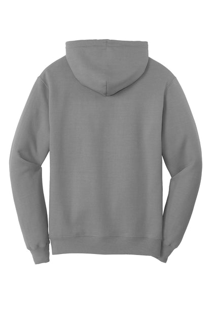 Rear View of Medium Grey Port & Co Core Fleece Pullover Hooded Sweatshirt. PC78H