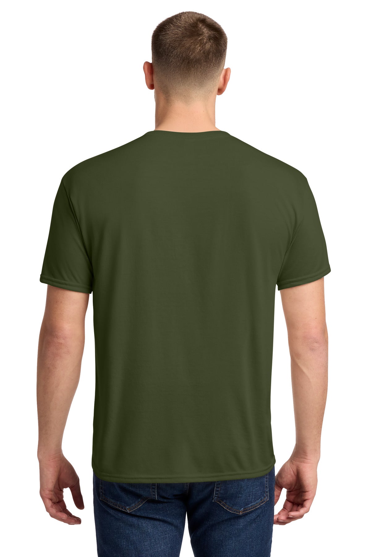 Rear View of MilGreen Jerzees Dri-Power 100% Polyester T-Shirt. 21M plain
