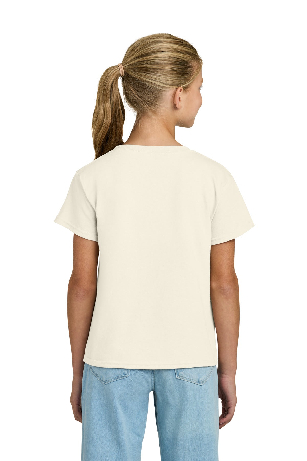 Rear View of Natural Gildan Youth Light Cotton Tee 3000B plain