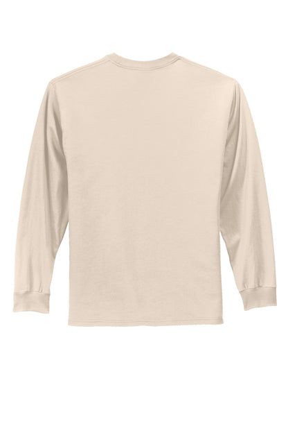 Rear View of Natural Port & Co Long Sleeve Essential Tee. PC61LS plain