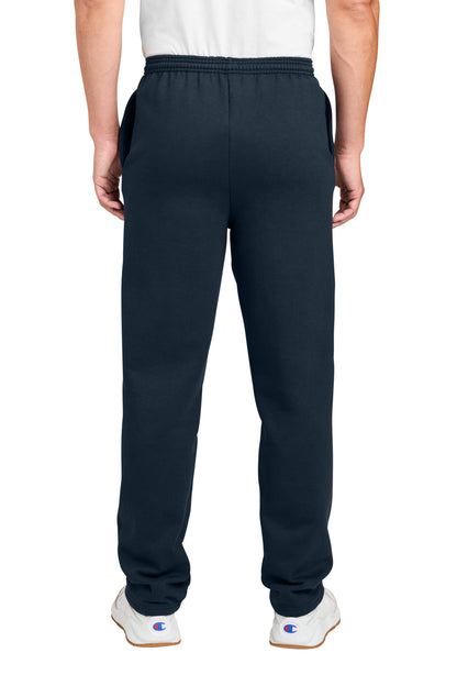 Rear View of Navy Champion Powerblend Open Bottom Sweatpant P800 plain