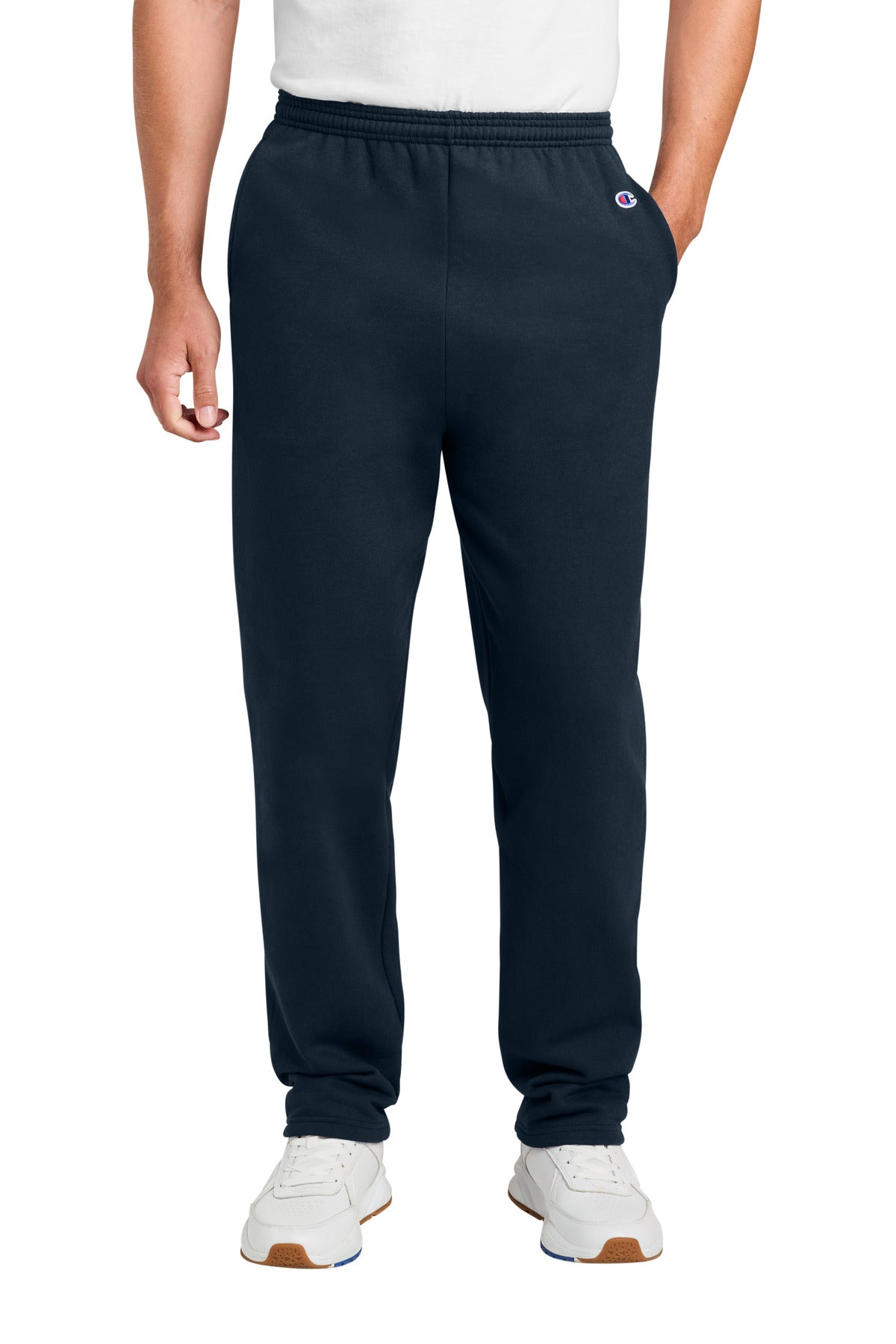 Rear View of Navy Champion Powerblend Open Bottom Sweatpant P800 plain