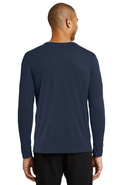 Rear View of Navy Gildan Performance Long Sleeve T-Shirt. 42400 plain