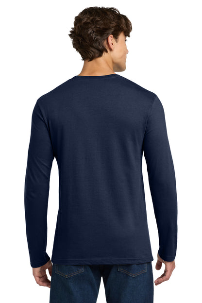 Rear View of Navy Gildan Softstyle Long Sleeve T-Shirt. 64400 plain
